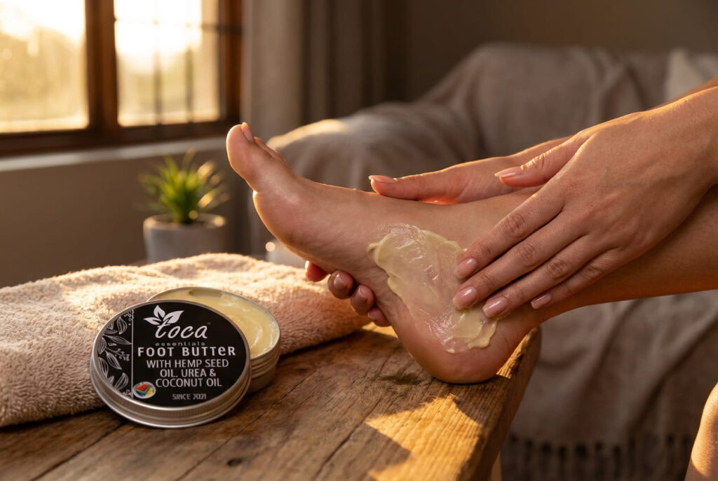 lady applying foot butter on her foot