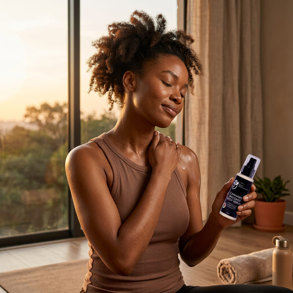 lady after post yoga session massaging the massage serum